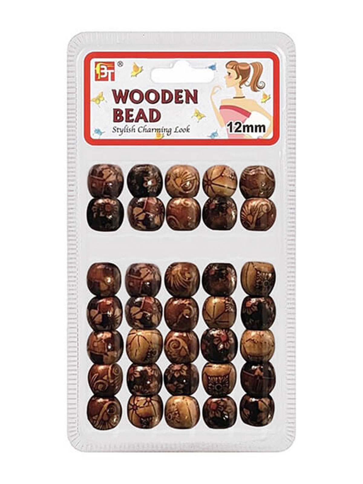 BT #7557 WOODEN BEADS 12MM PATTERN 1 - DZ